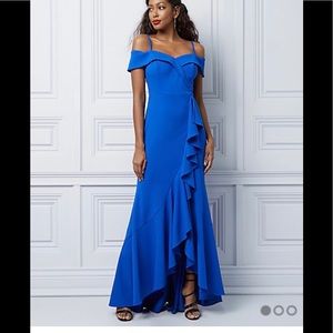 Le Chateau Knit Crepe cold shoulder Ruffle Gown